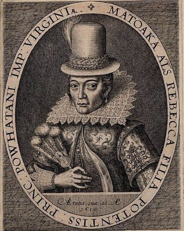 Engraving of Pocahontas by Simon van de Passe was created in 1616.