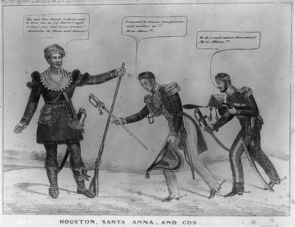 Image: Political cartoon of General Santa Anna's surrender drawn by Edward W. Clay in 1836. From the Library of Congress.