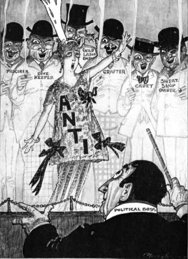 Image: 1915 Political cartoon showing political boss conducting anti-suffragette, sweat shop owner, child labor employer, and others. From the Library of Congress.