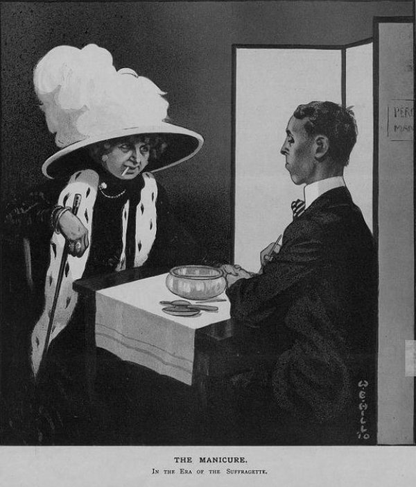 Image: Anti-suffragist political cartoon made by W.E. Hill in 1910. From the Library of Congress.