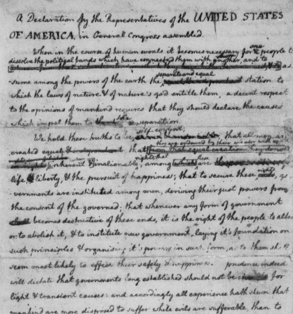 Image: Thomas Jefferson's original rough draft of the Declaration of Independence from 1776. From the Library of Congress.