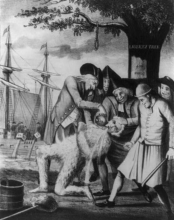 Image: Illustration of tarring and feathering published in London in 1774. From the Library of Congress.