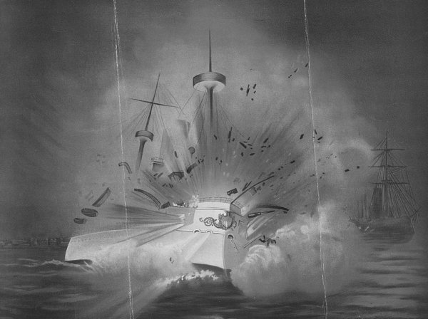 Image: 1898 Illustration of the explosion of the Maine. From the Library of Congress.