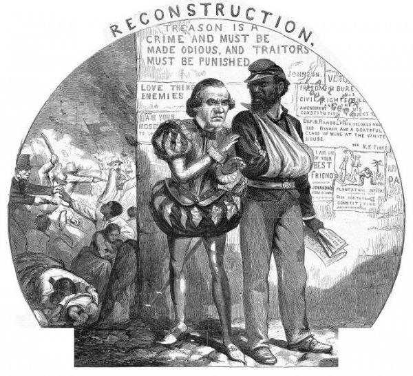 Image: Political cartoon lampooning Andrew Johnson's Reconstruction created by Thomas Nast in 1866. From the Library of Congress.