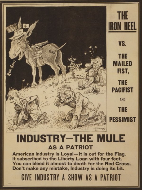 Image: A 1917 Political poster depicting U.S. industry as a mule kicking "Kaiserism," "Pacificism," and "Hard Times" by Morris. From the Library of Congress.