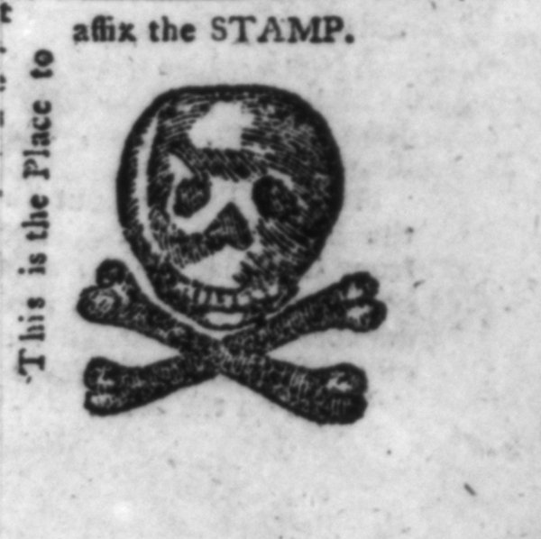 Image: Stamp Act political cartoon published by William Bradford in 1765. From the Library of Congress.