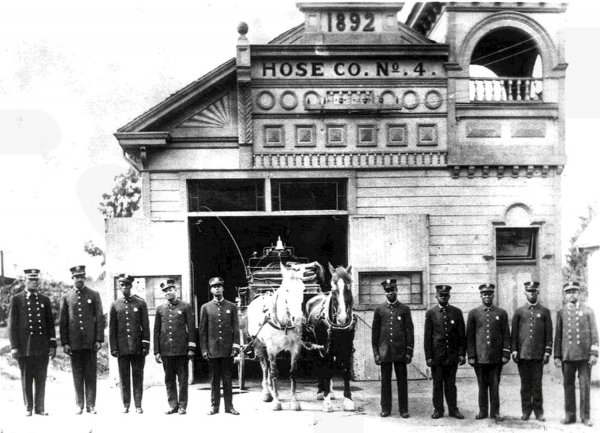 Image: Photograph of African American firefighters outside Hose Company No. 4 in 1914.From the Los Angeles Fire Department Historical Archive.