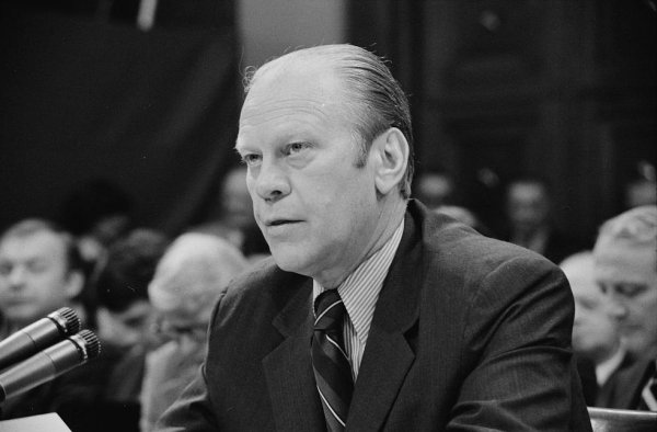 Photograph of Gerald Ford at the House Judiciary Subcommittee hearing on pardoning former President Richard Nixon in 1974. From the Library of Congress.