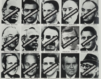 Image: "Wanted" poster showing portraits of members of the Watergate affair