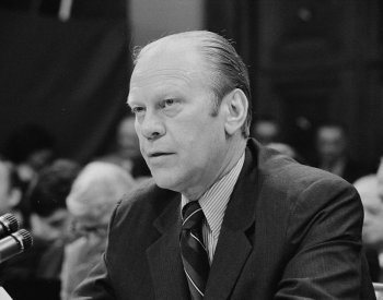 Photograph of Gerald Ford at the House Judiciary Subcommittee hearing on pardoning former President Richard Nixon in 1974. From the Library of Congress.