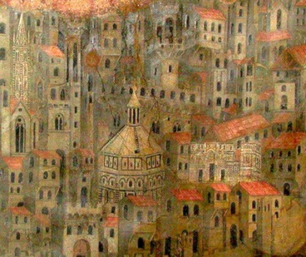 Image: The first surviving depiction of Florence, a fresco created in 1342 by Bernardo Daddi. From the Wikimedia Commons.