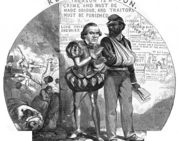 Image: Political cartoon lampooning Andrew Johnson's Reconstruction created by Thomas Nast in 1866. From the Library of Congress.