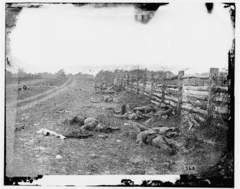Image: Photograph showing deceased Confederate soldiers after the Battle of Antietam in 1862. From the Library of Congress.